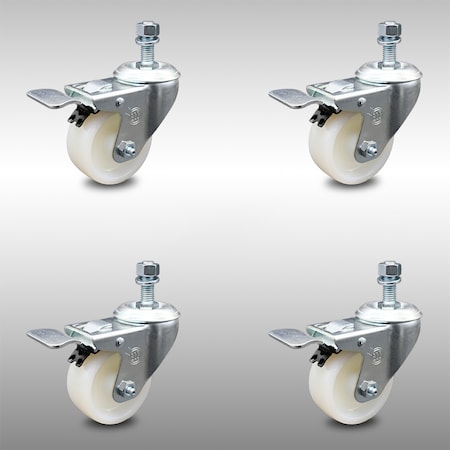Service Caster 3 Inch SS Nylon Wheel Swivel 1/2 Inch Threaded Stem Caster Set Total Lock Brake SCC-SSTSTTL20S314-NYS-121315-4